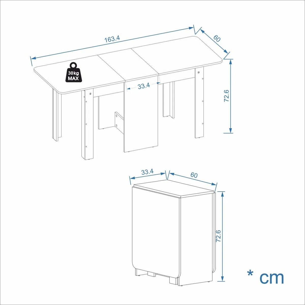 Komto Table a Manger Pliante Blanche - Table de Cuisine 2-4 Personnes, Pliable, Rabattable Gain de Place pour Petit Espace | MOVA 163 x 60 x 72,6 cm