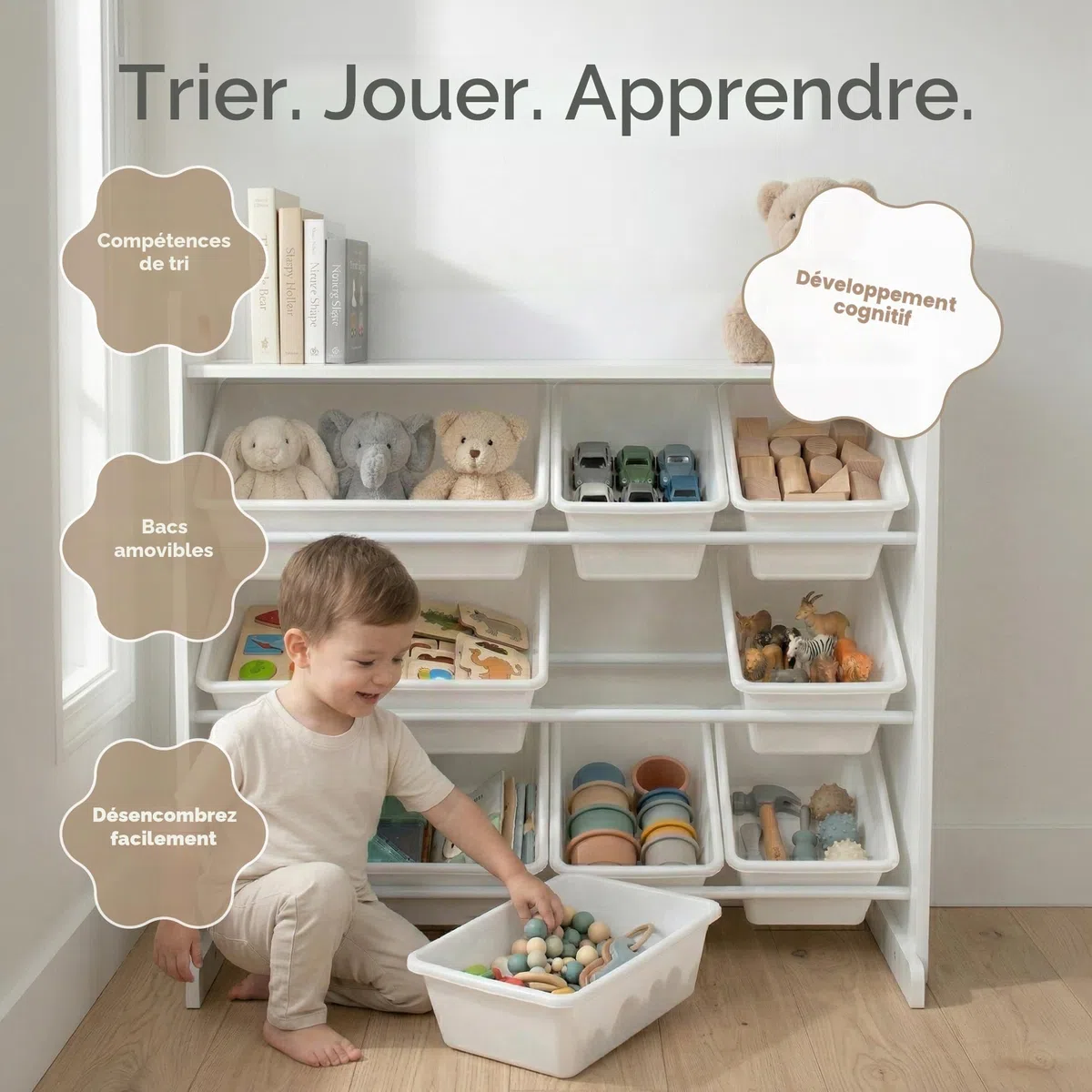 Humble Crew, étagère pour enfants, organisateur de jouets avec 9 bacs de rangement, blanc/blanc