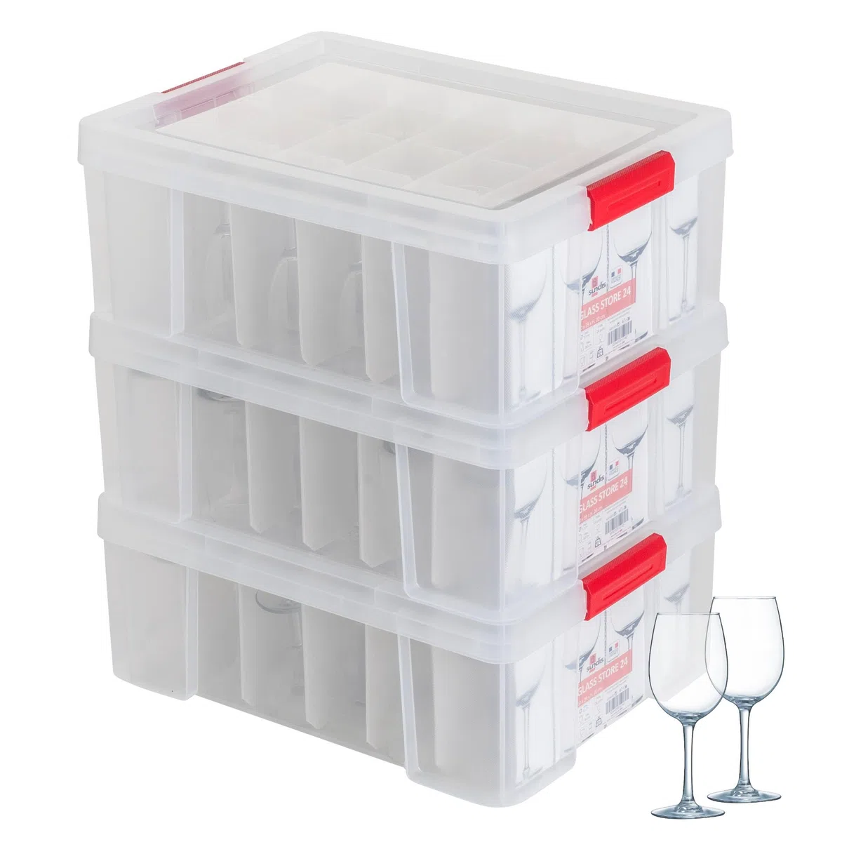 SUNDIS Glass Store, lot de 3 boîtes de rangement pour verres, en plastique transparent, renforcées avec couvercle clipsable, superposables et combinables, capacité 24 verres