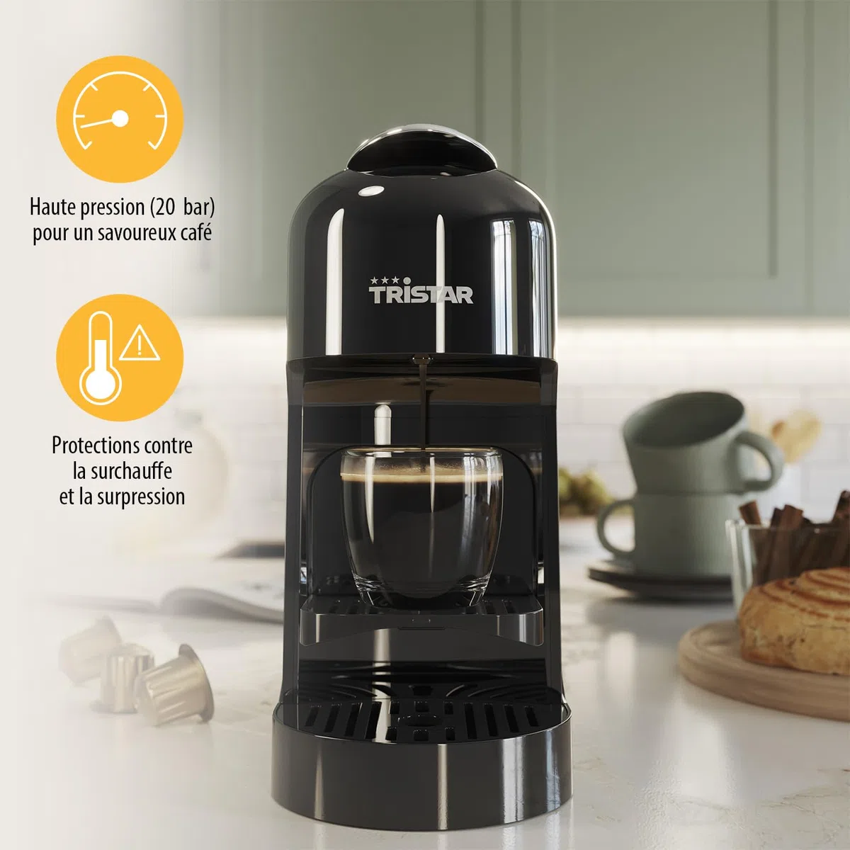 Tristar Machine à Café à Capsules, Réservoir 0,8 l, 1400 W, Compatible avec Capsules Nespresso, Bac d’égouttage Amovible, Arrêt Automatique, CM-2302