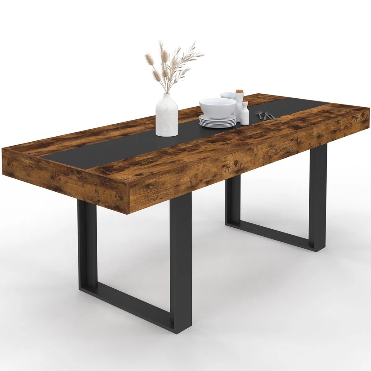 IDMarket - Table à Manger Extensible Rectangle Phoenix 4-8 Personnes Bois Effet Vieilli et Noir Bande Centrale Noire 160-200 cm