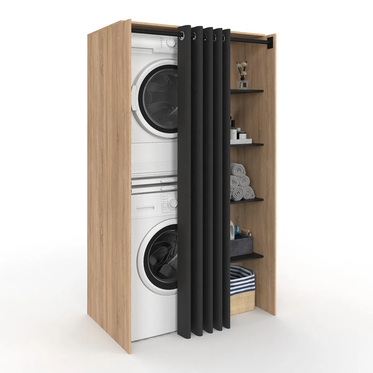 IDMarket - Meuble de buanderie Double Machine à Laver avec Rideau Coulissant Wallis Bois façon hêtre et Noir
