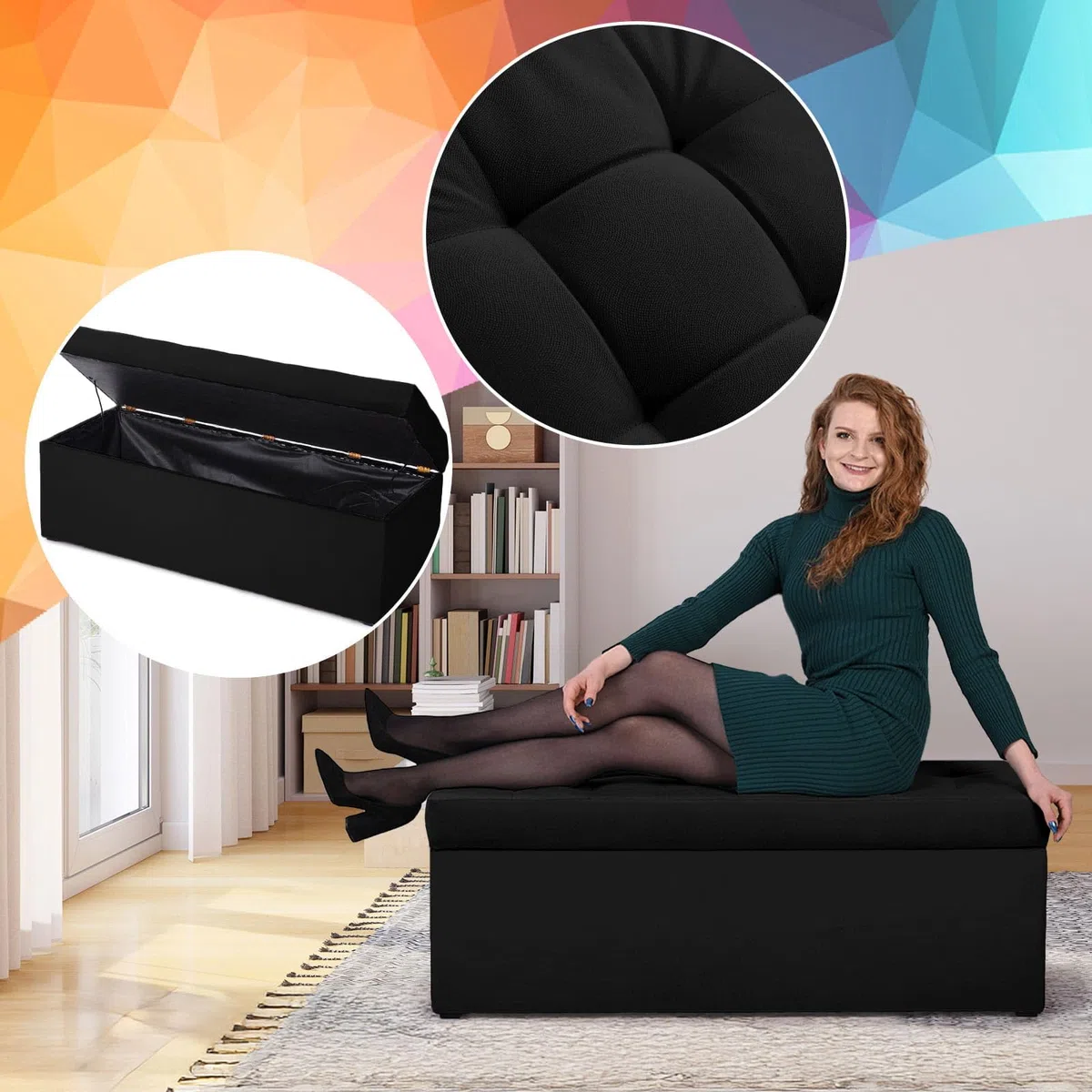 MG Design Pouf Coffre 45 x 120 cm Noir – Rangement 140 L, Charge 300 kg, Doux, Aspect Mat et Texture Fine, Facile à Nettoyer – pour Salon, Chambre, entrée
