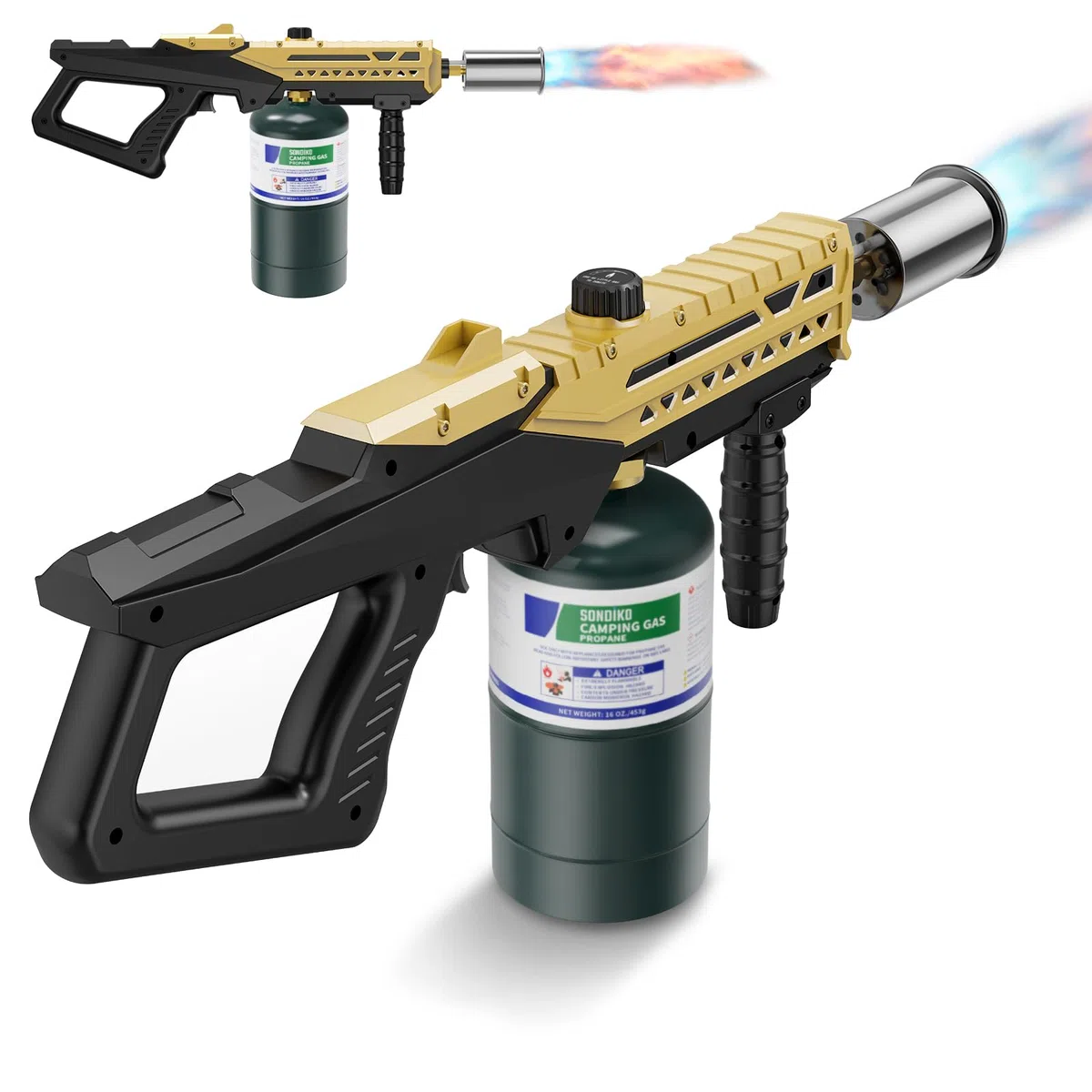 Sondiko Chalumeau de cuisine puissant au propane, briquet de cuisine pour démarrer un feu de camp, brûleur de désherbage réglable pour saisir du steak, barbecue, soudage (Or & Noir) Réservoir de
