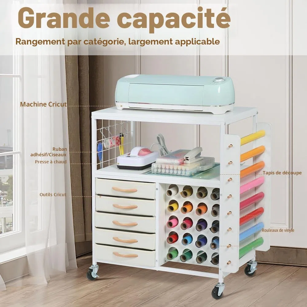 SMONTER Table d'organisation et de rangement pour machines Cricut, chariot roulant avec 28 supports de rouleau de vinyle et 5 tiroirs, support de presse à chaud avec crochets