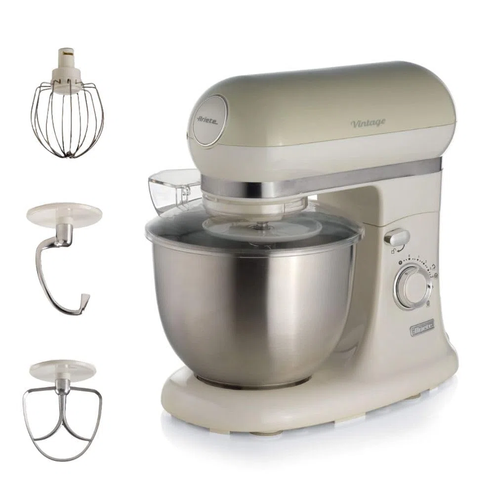 Ariete Pétrin Vintage 1588, Batteur Circulaire Pour Pain, Pizza, Gâteaux Et Pâtisseries, Hob, Fouet à Cœur Et Fouet à Fil Inclus, Capacité de 5,5 Litres, 7 Vitesses + Impulsion, 1200W, Beige