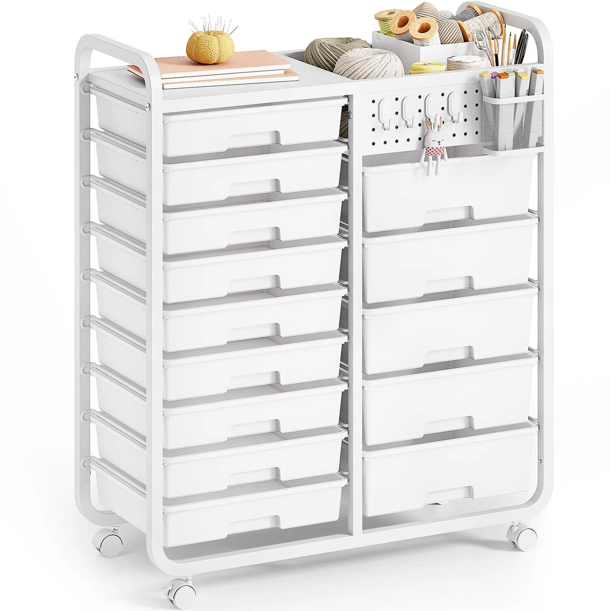 Chariot de rangement à 14 tiroirs avec plateau perforé - Chariot à roulettes pour salle de bain - Chariot à tiroirs avec roues et poignées pour atelier, bureau, cuisine - Blanc
