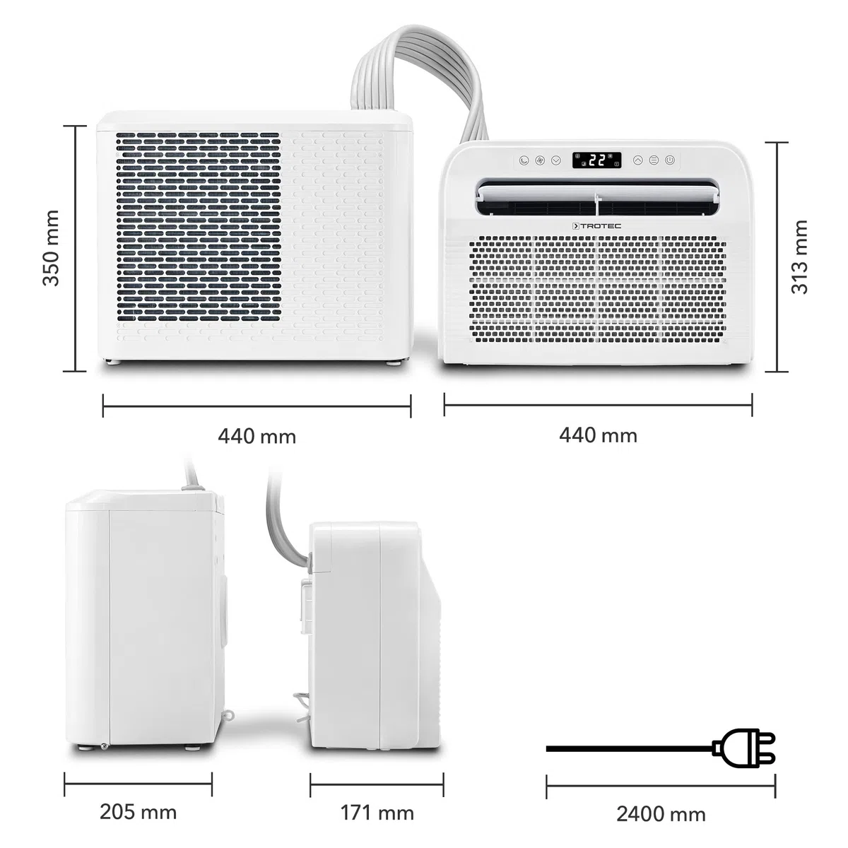 TROTEC PAC-C 1500 SH WiFi climatiseur split de camping 4-en-1 – 5 000 BTU/1,46 kW, pour caravane et camping-car, chauffage et mode nuit