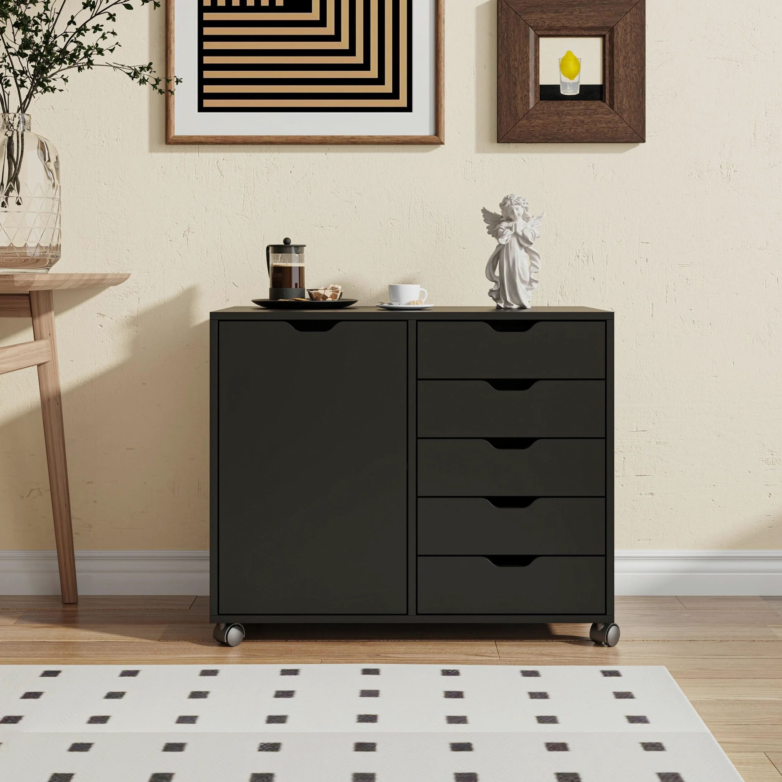 Conteneur à roulettes Relaxdays, 5 tiroirs, H x L x P : 65 x 78 x 40 cm, Armoire de Bureau, Noir