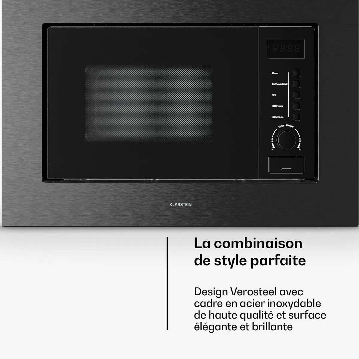 Klarstein Verosteel Micro Onde Encastrable avec Grill – 20L, 700W, 8 Programmes, Commande Tactile, Acier Inox, Plateau Verre, Four Micro Ondes Encastrable, Acier Inoxydable Noir