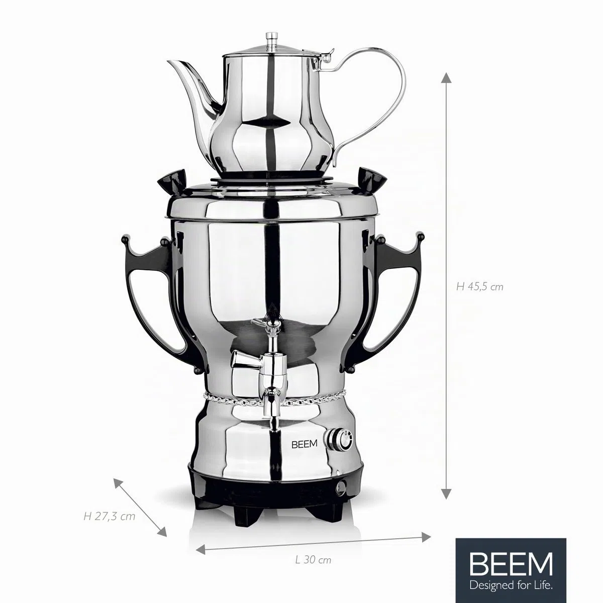 BEEM Tea-Classic Samovar - 3L | Acier Inoxydable | Grande théière Aussi pour la Restauration | avec Robinet de vidange en Acier Inoxydable | Régulateur de température réglable | avec théière de 1 L