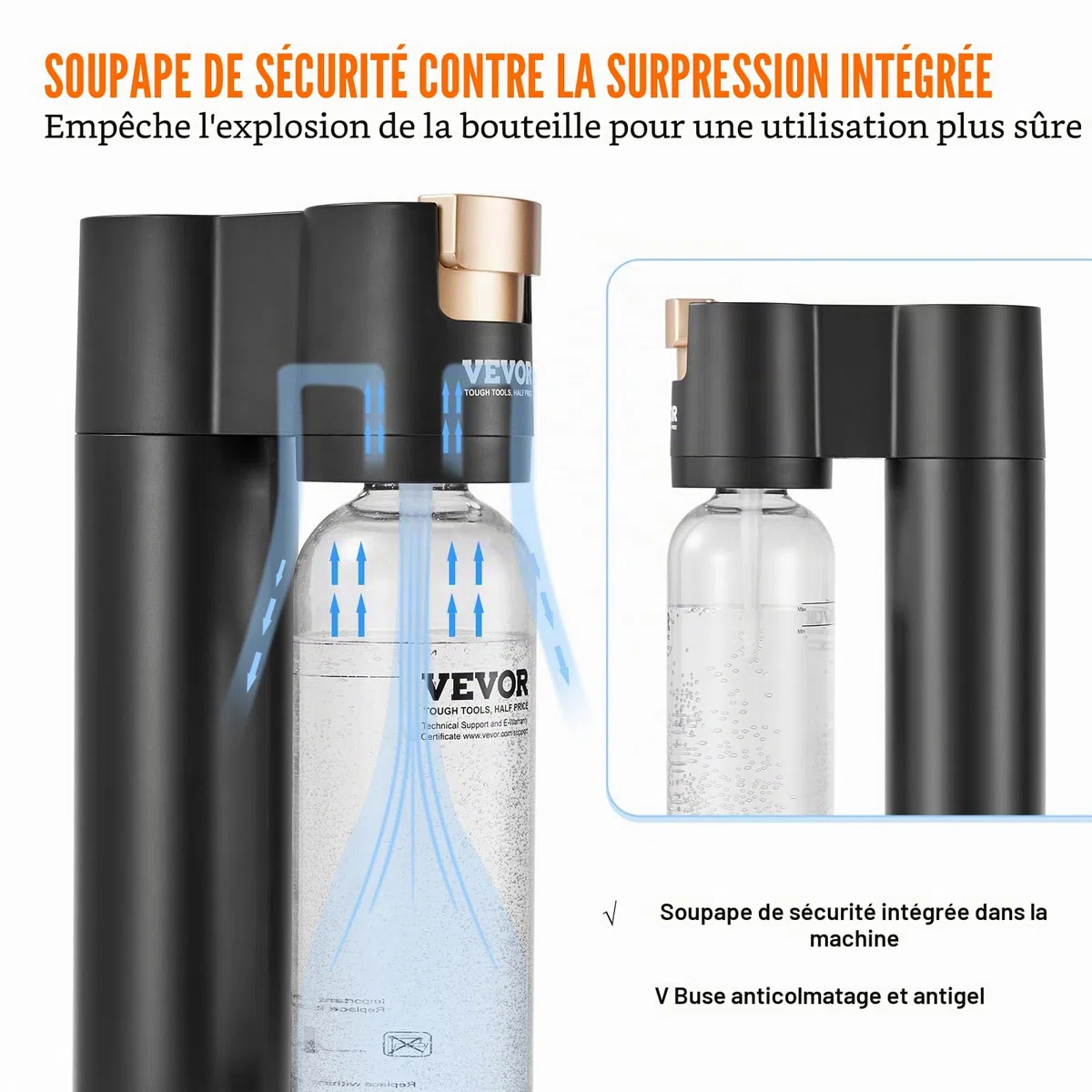 VEVOR Machine à eau gazeuse, machine à eau pétillante et soda pour gazéification domestique avec 2 bouteilles PET de 1 L sans BPA, compatible avec le cylindre de CO2 60 L à visser (non inclus), noir