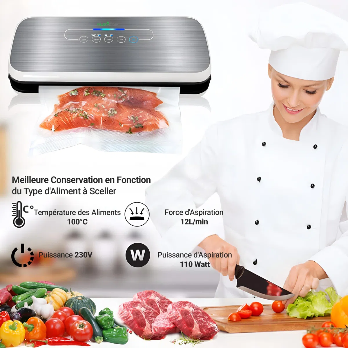 NutriChef Machine à Sceller Sous Vide - Système de Scellage Automatique pour Aliments Secs et Humides, Commandes Tactiles LED, Inclut des Sacs de Vide, un Tuyau et un Bouchon - Argenté