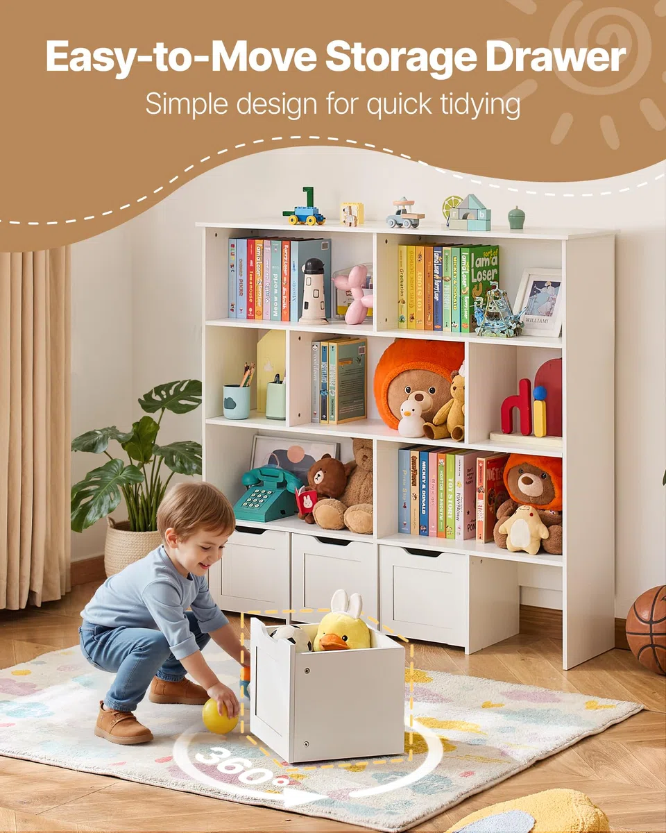 VEVOR Organisateur de Jouets en Bois, bibliothèque pour Enfants avec Rangement, Meuble de Rangement pour Jouets avec 4 tiroirs Mobiles, pour Chambre, crèche, Salon, entrée, école Maternelle, Blanc
