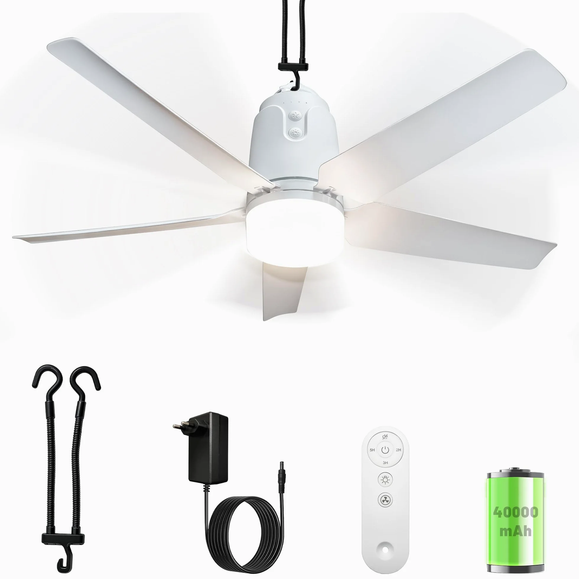 SHUNLEE 80CM Ventilateur de Plafond avec Batterie et Éclairage pour Extérieur, 40000mAh Batterie Grand Ventilateur Mobile avec Lumière, Télécommande, Camping, Pavillon, Terrasse, Tente, Camping-Car