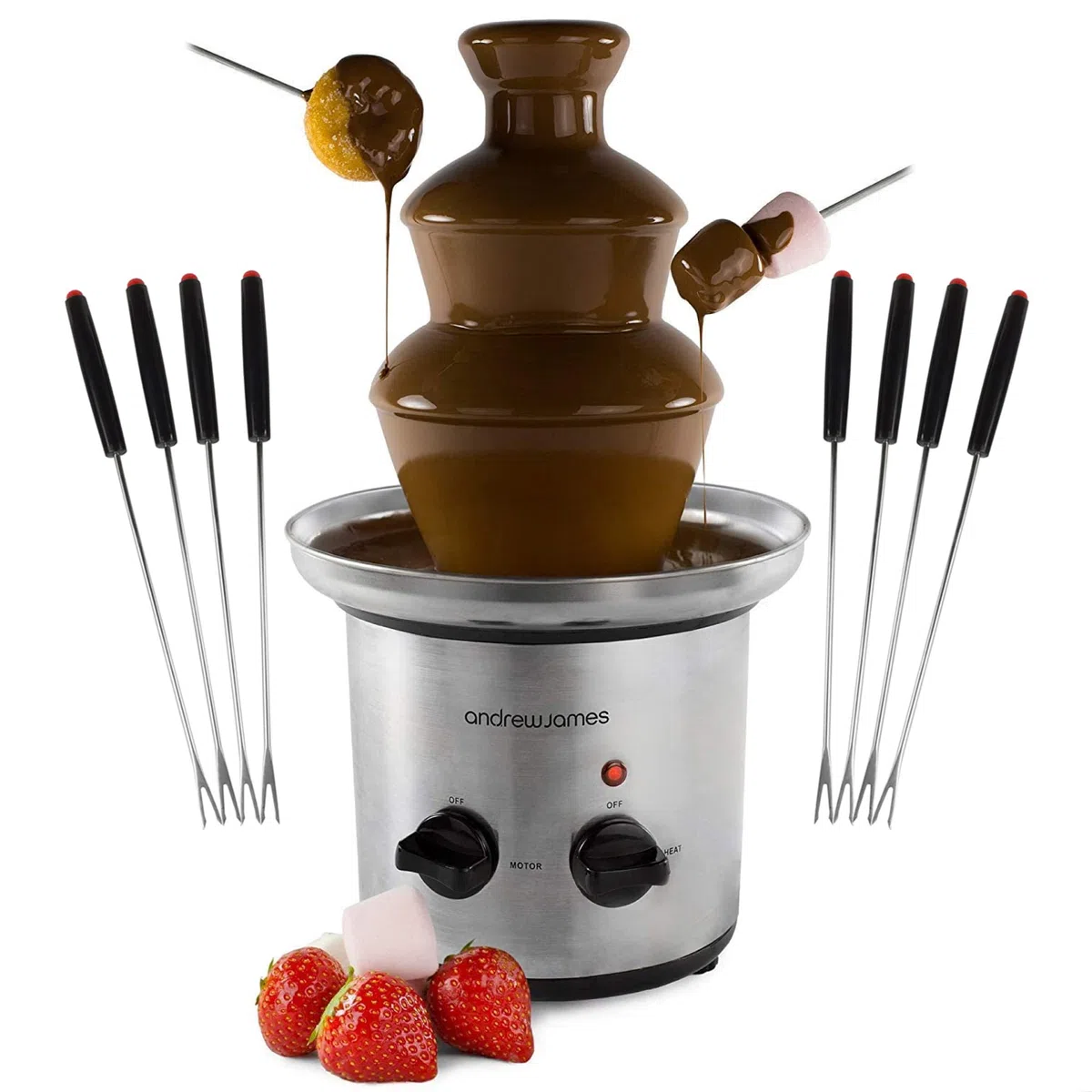 Andrew James Large Fontaine de Chocolat - Capacité moins de 1 litre à 3 Niveaux et Bac Profond - Réglage Moteur et Cadran Température - Idéale pour les Fete Anniversaire et Mariage
