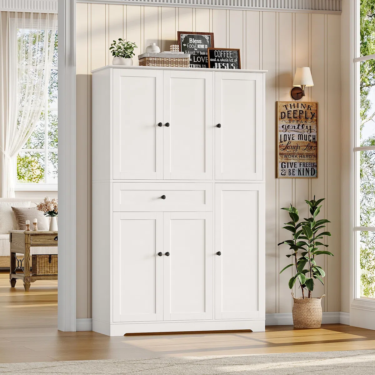 HOSTACK Armoire de Rangement Haute de 172 cm pour Cuisine et Garde-Manger, Meuble de Cuisine Moderne avec Portes et Étagères, Garde-Manger Autoportant avec Grand Tiroir de Rangement pour Salle à