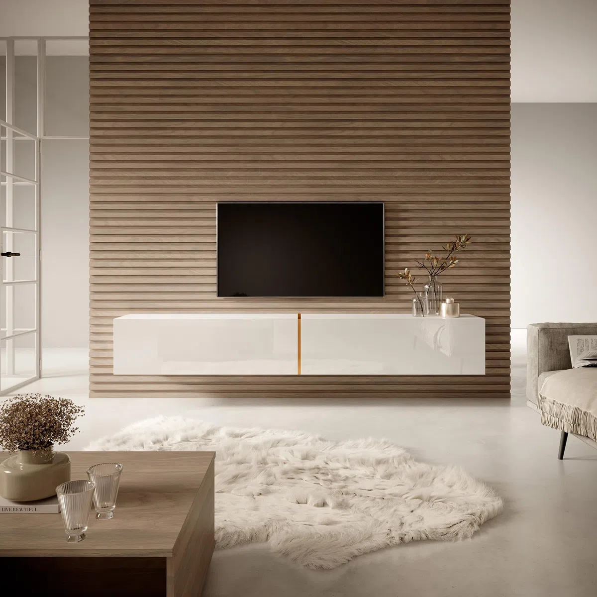 Selsey Meuble TV Armoire De Télévision 200 cm Suspendu Salle De Séjour Chambre À Coucher Blanc avec Insert Doré Bisira
