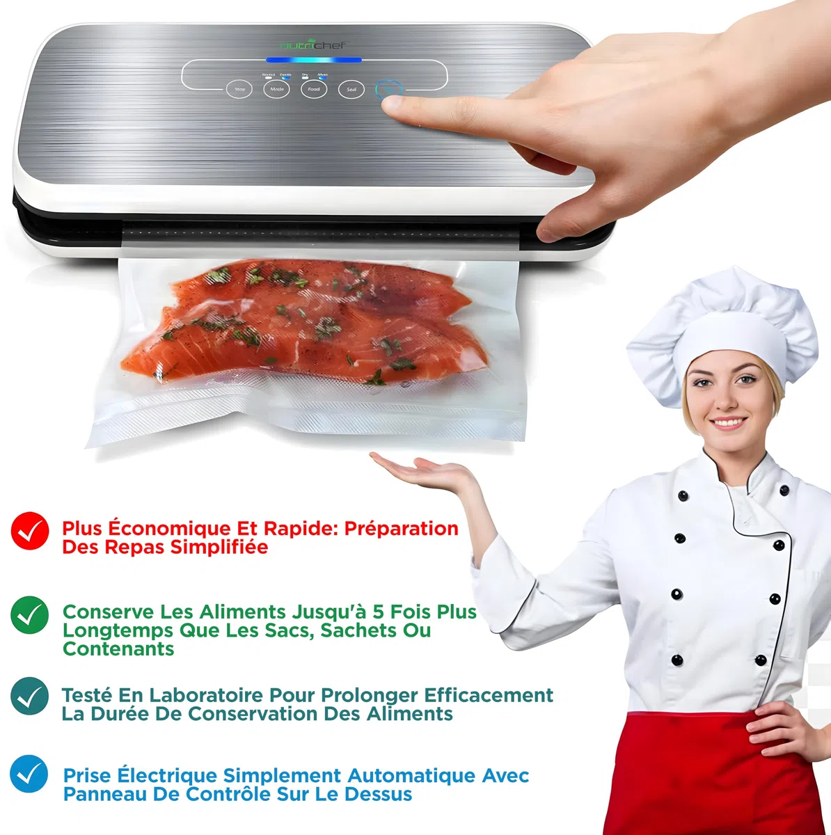 NutriChef Machine à Sceller Sous Vide - Système de Scellage Automatique pour Aliments Secs et Humides, Commandes Tactiles LED, Inclut des Sacs de Vide, un Tuyau et un Bouchon - Argenté