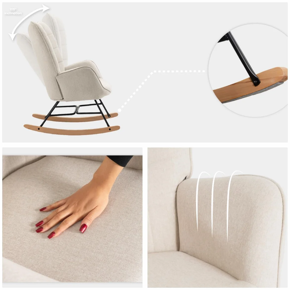 MEUBLE COSY Fauteuil à Bascule Allaitement Scandinave Chaise Loisir et Repos en Tissu avec Pieds en E' Bois Métal pour Salon, Chambre, Massif, Beige, 66x84x97cm