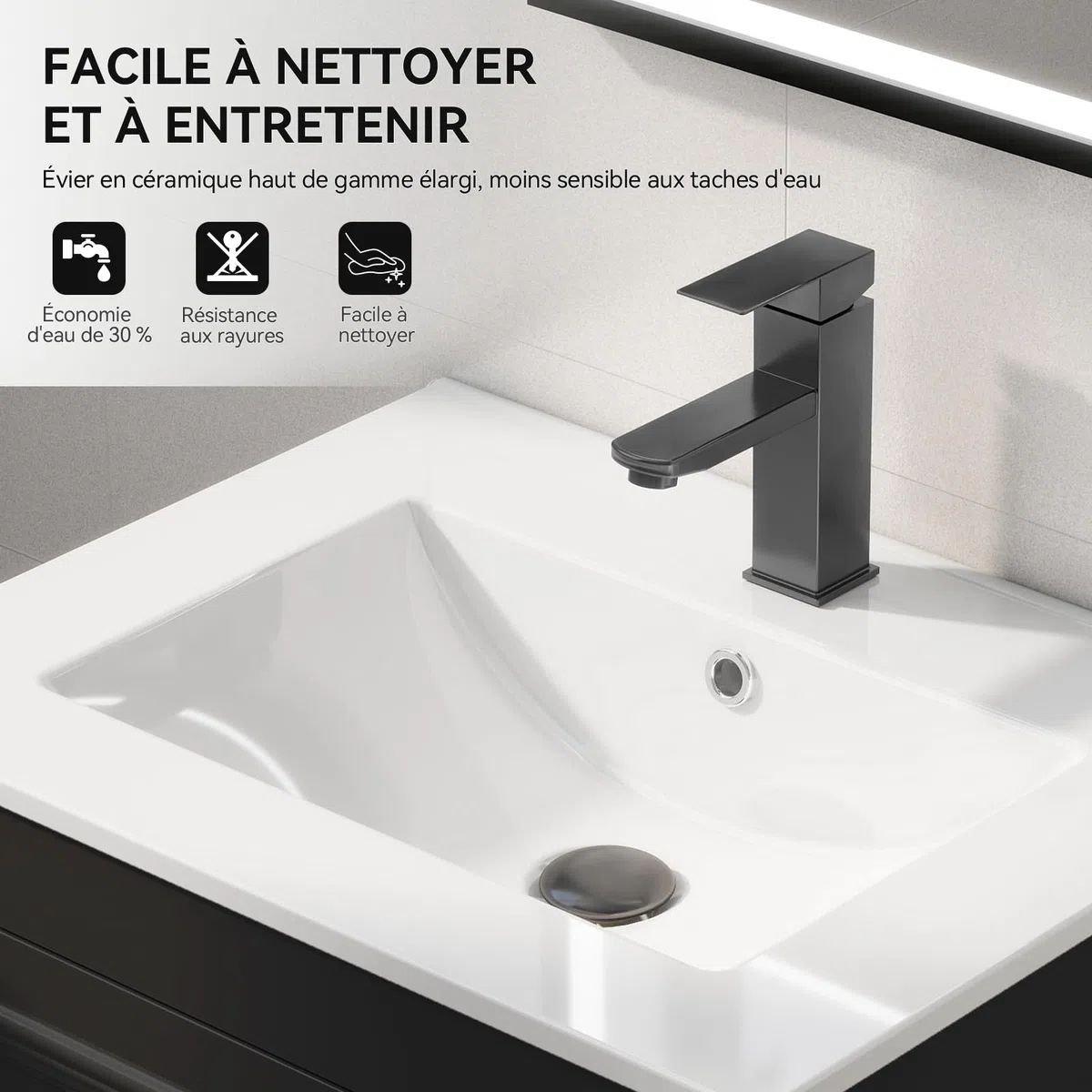 YU YUSING 60 cm Ensemble de Meuble de Salle de Bain Suspendu - Lavabo Céramique Blanc Incrusté, Robinet Noir, 2 Grands Tiroirs à Fermeture Douce, Design Moderne, Blanc et Noir, pour Espace Réduit