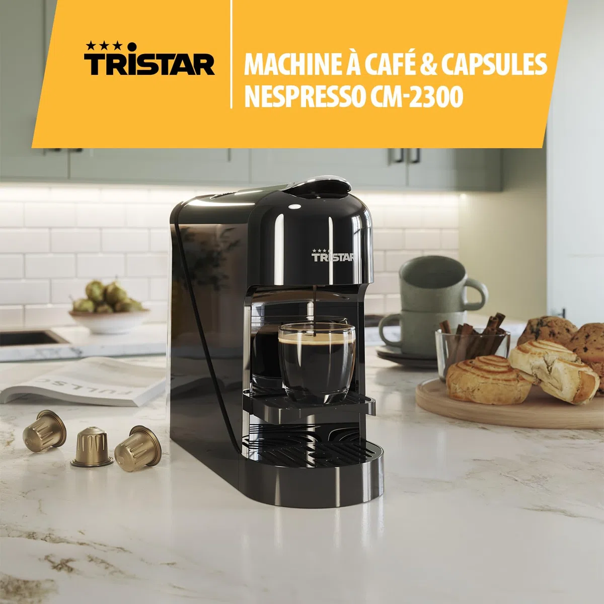 Tristar Machine à Café à Capsules, Réservoir 0,8 l, 1400 W, Compatible avec Capsules Nespresso, Bac d’égouttage Amovible, Arrêt Automatique, CM-2302
