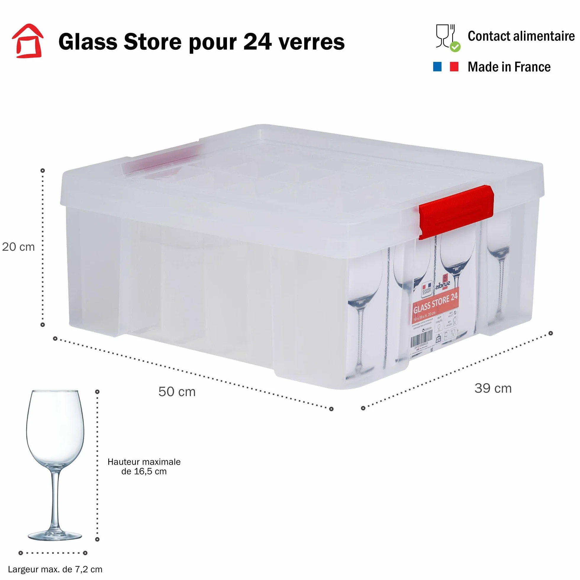 SUNDIS Glass Store, lot de 3 boîtes de rangement pour verres, en plastique transparent, renforcées avec couvercle clipsable, superposables et combinables, capacité 24 verres