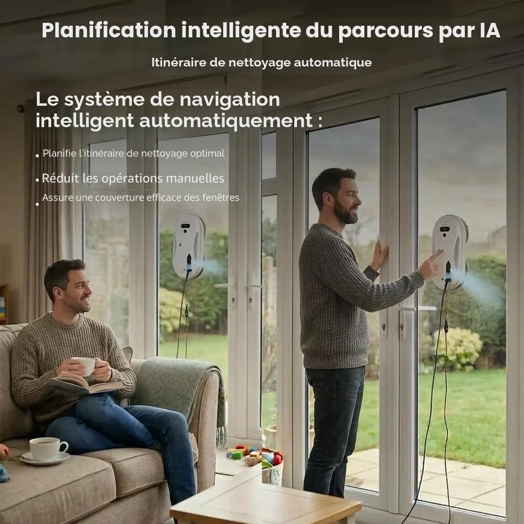 Robot nettoyeur de vitres intelligent avec aspirateur 5600Pa, robot de nettoyage automatique de vitres intelligent avec détection des bords, système de corde de sécurité et télécommande pour fenêtres
