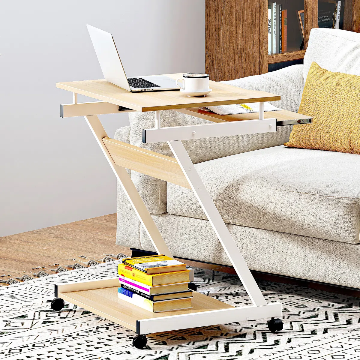soges Bureau Informatique avec roulettes Bureau Mobile Table Roulante Table d’Ordinateur avec Plateau Clavier Coulissant pour Maison et Bureau Érable Blanc