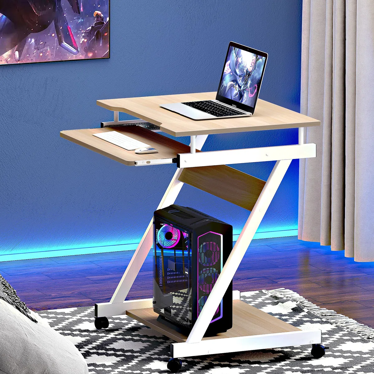 soges Bureau Informatique avec roulettes Bureau Mobile Table Roulante Table d’Ordinateur avec Plateau Clavier Coulissant pour Maison et Bureau Érable Blanc