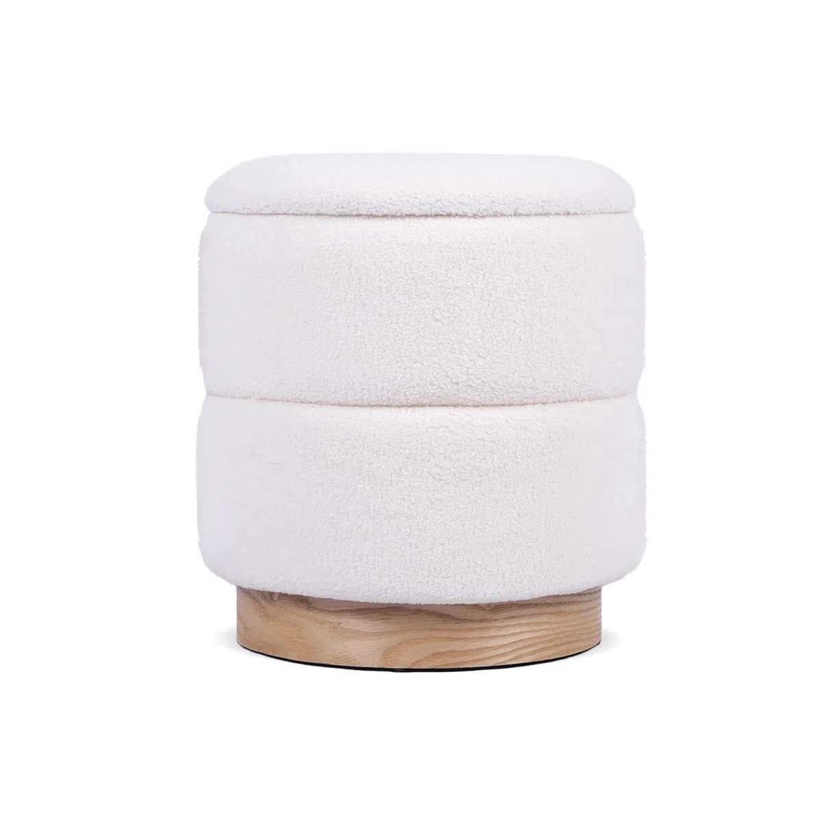 Pouf Coffre ROMÉO en Tissu Bouclette Blanc – Tabouret de Rangement Style Scandinave et Art Déco avec Base Bois Apparente – Pouf Rigide Chic et Pratique pour Salon ou Chambre – 37 x 37 x 42 cm