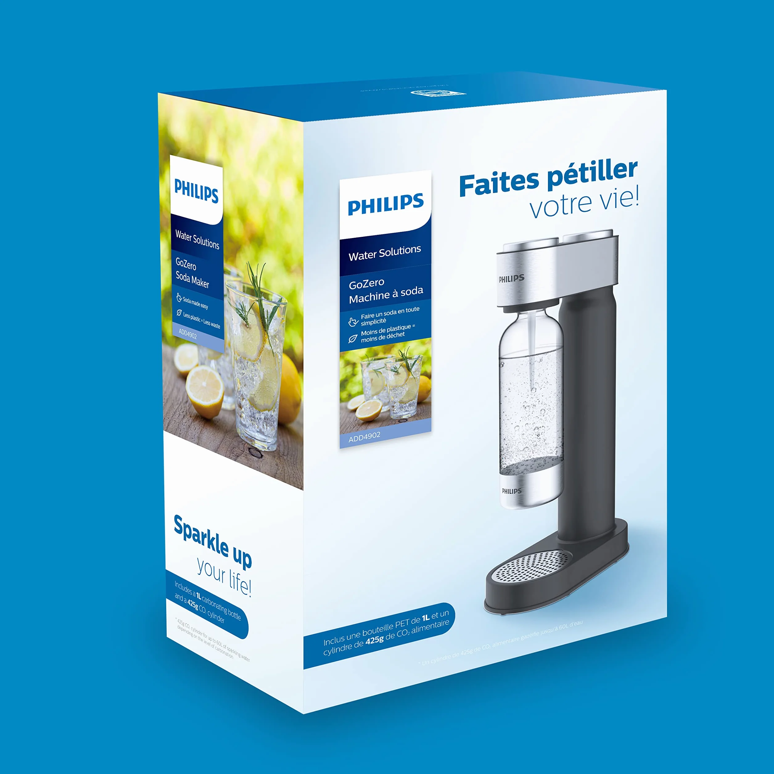Philips ADD4902BKA/10 GoZero Machine à gazéifier 3 bouteilles d'eau en plastique sans BPA de 1 l, 1 cylindre de CO2 pour jusqu'à 60 l d'eau gazeuse, noir
