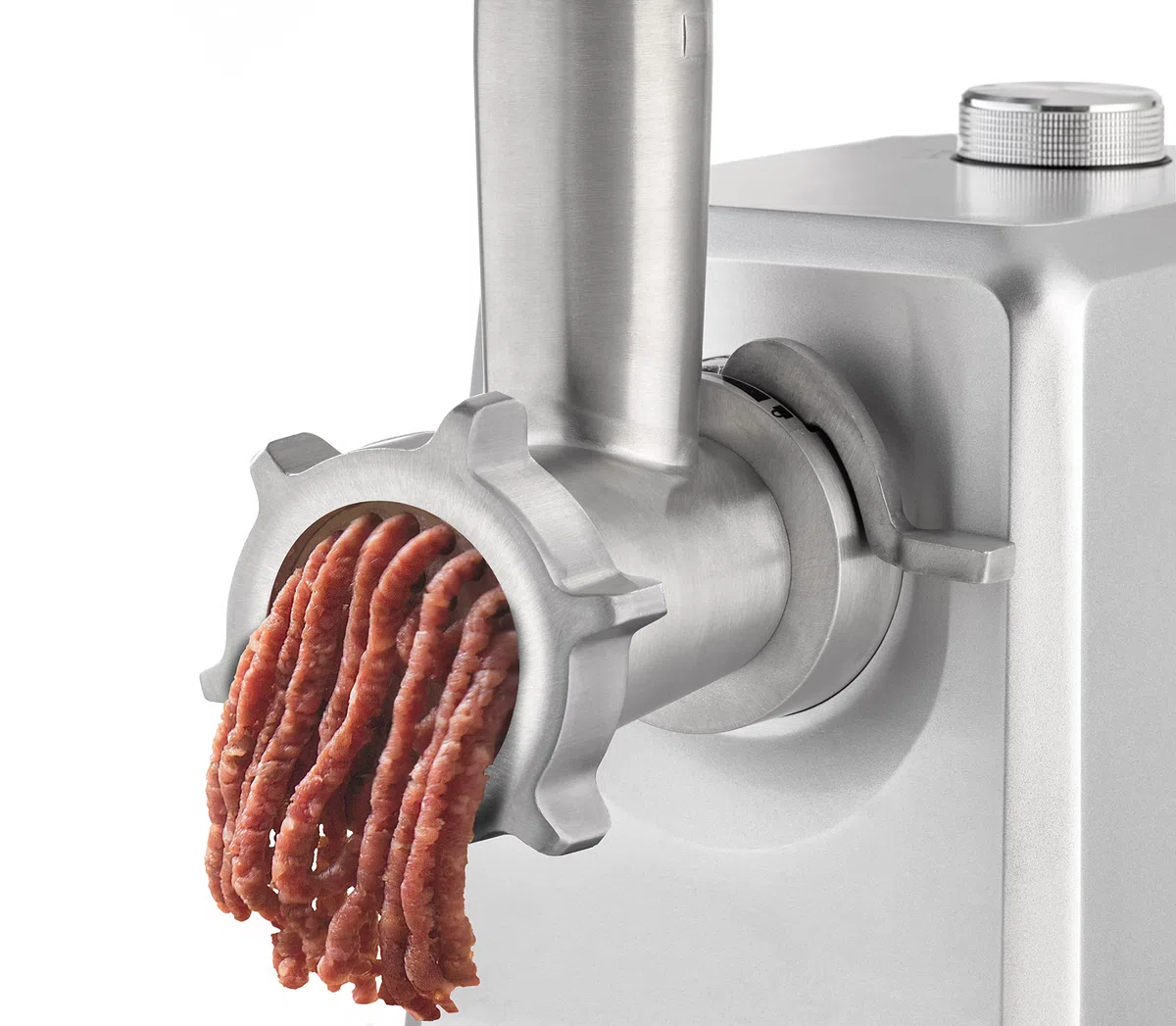 CASO FW 2500 – Hachoir à viande électrique professionnel, 2 500 W, fonction marche avant et arrière, 2,5kg/min, accessoire à saucisses, 3 grilles en inox (3, 5 et 8 mm), corps en aluminium, argent