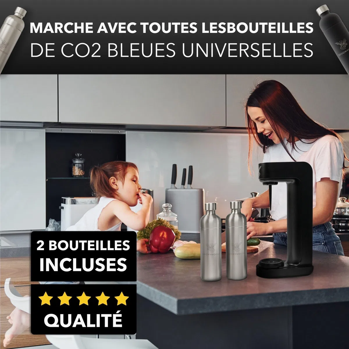 Luckymoose Infinity Machine à eau pétillante & Soda streaming machine – Set 2 Bouteilles Inox 1,25L – Gazéificateur d'eau Maison & Cuisine, Design Compact & Solide Compatible Cylindre CO2 Bleu