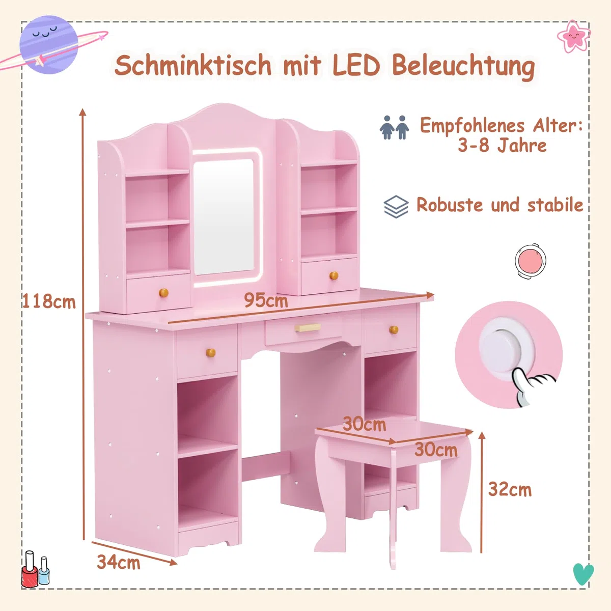 MAMIZO Coiffeuse pour Enfants avec Miroir LED, Coiffeuse pour Fille avec Tabouret, Table de Maquillage Fille avec 5 Tiroirs et 10 Compartiments de Rangement, 95x34x118cm, Bureau pour Enfant (Rose)