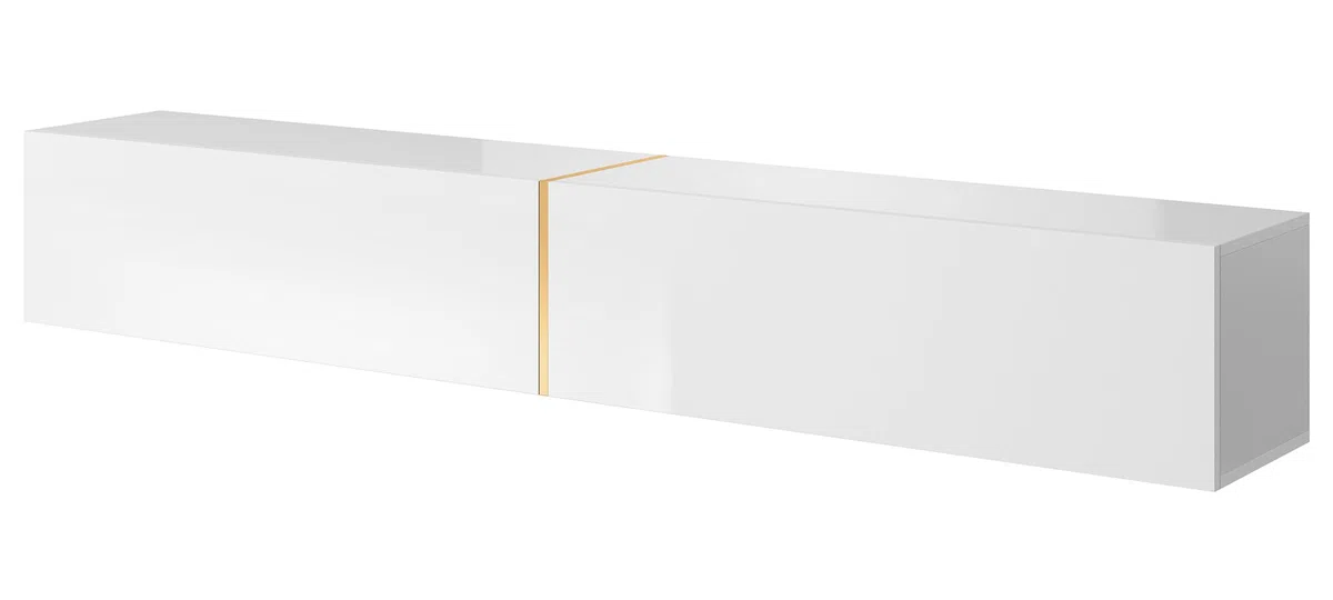 Selsey Meuble TV Armoire De Télévision 200 cm Suspendu Salle De Séjour Chambre À Coucher Blanc avec Insert Doré Bisira