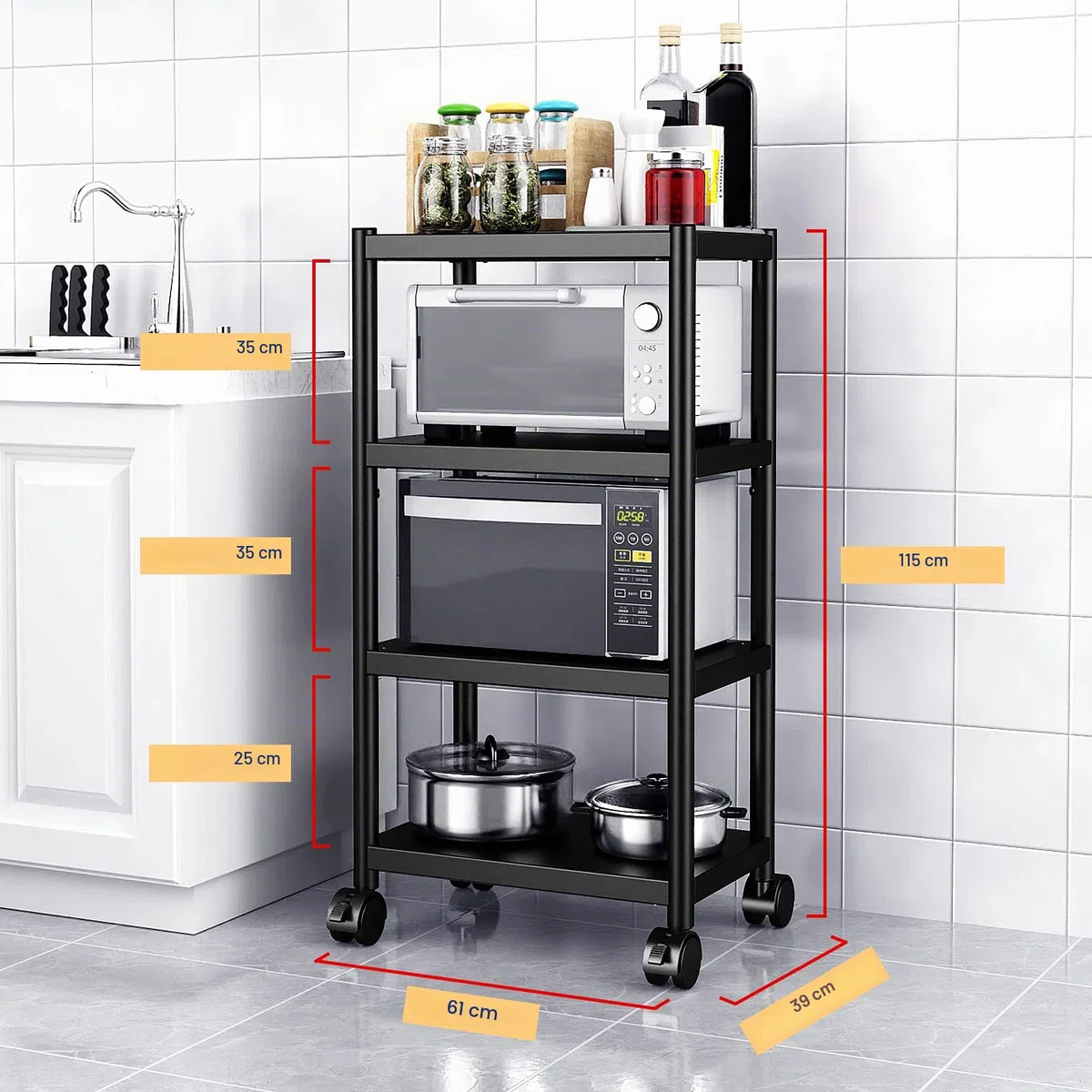 WPT Étagère de Rangement Utilitaire de Cuisine sur roulettes pour Micro-Ondes 4 étages en Acier Inoxydable