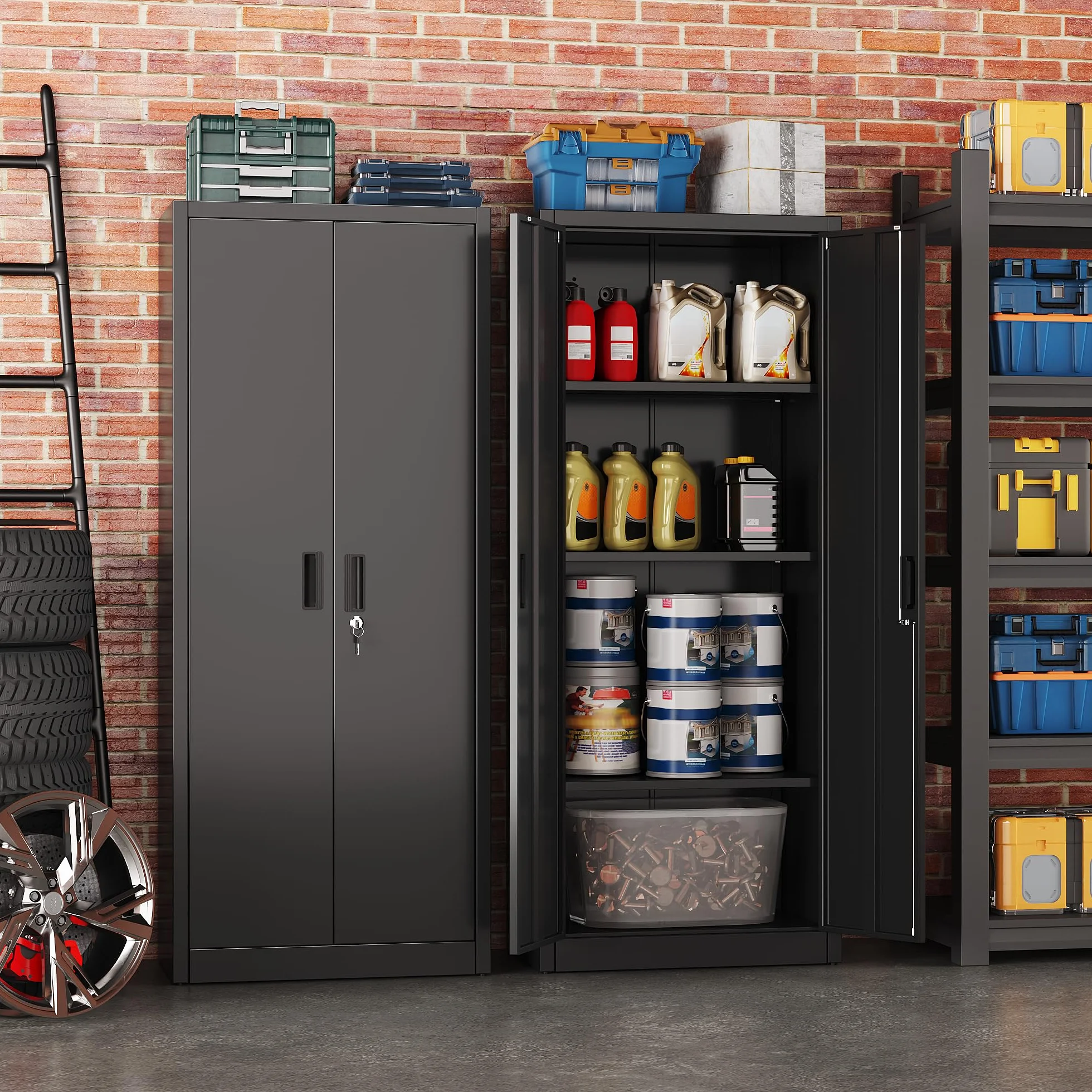 Armoire de rangement en métal avec 2 portes et 3 étagères réglables, armoire de rangement verrouillable de 170 cm, garage, maison, bureau, assemblage facile requis (noir)
