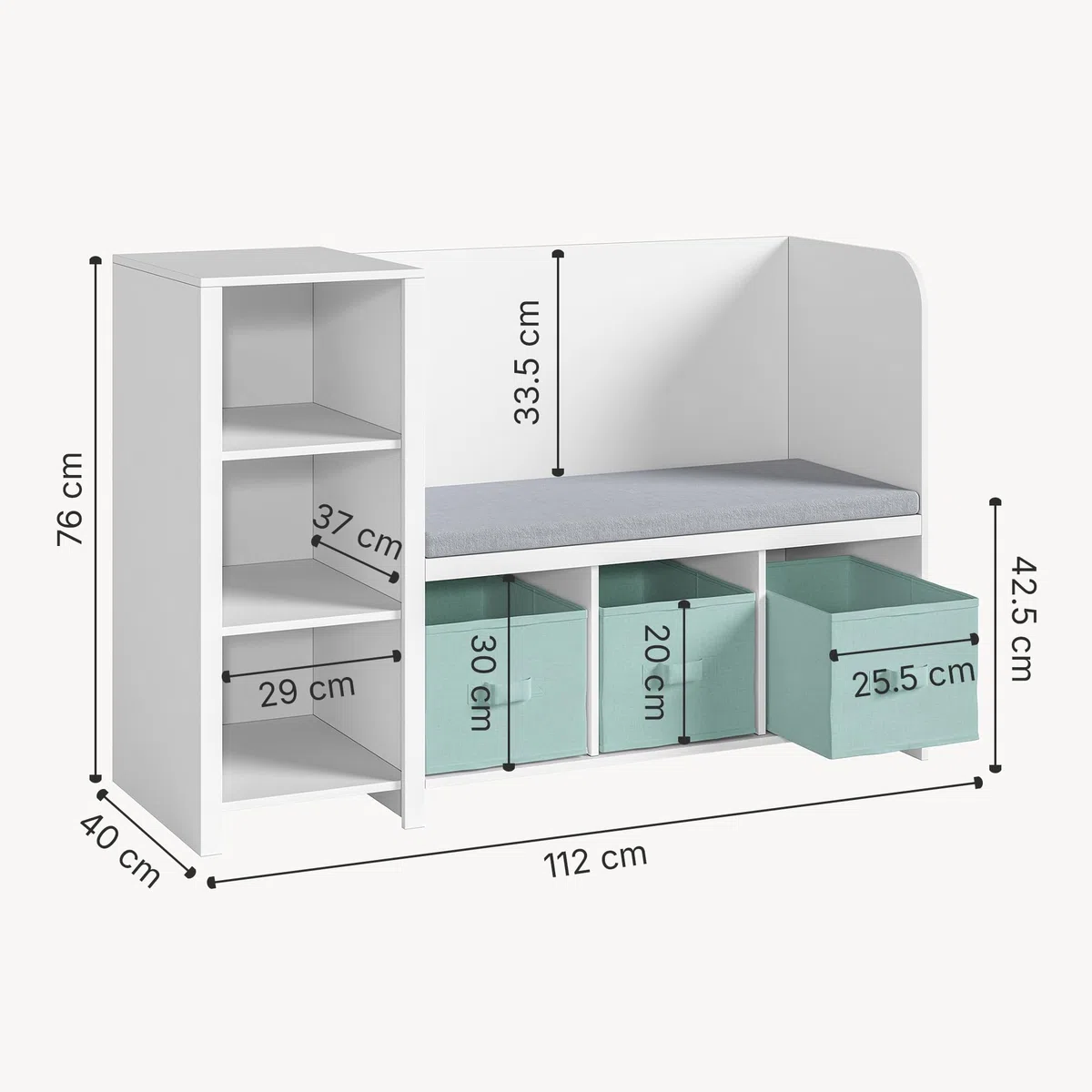 [en.casa] Étagère pour Enfants avec Banc d'Assise Coussin Confortable Bibliothèque Meuble à Chaussures Panneau de Particules Polyester Polyuréthane 76 x 112 x 40 cm Blanc Vert Menthe