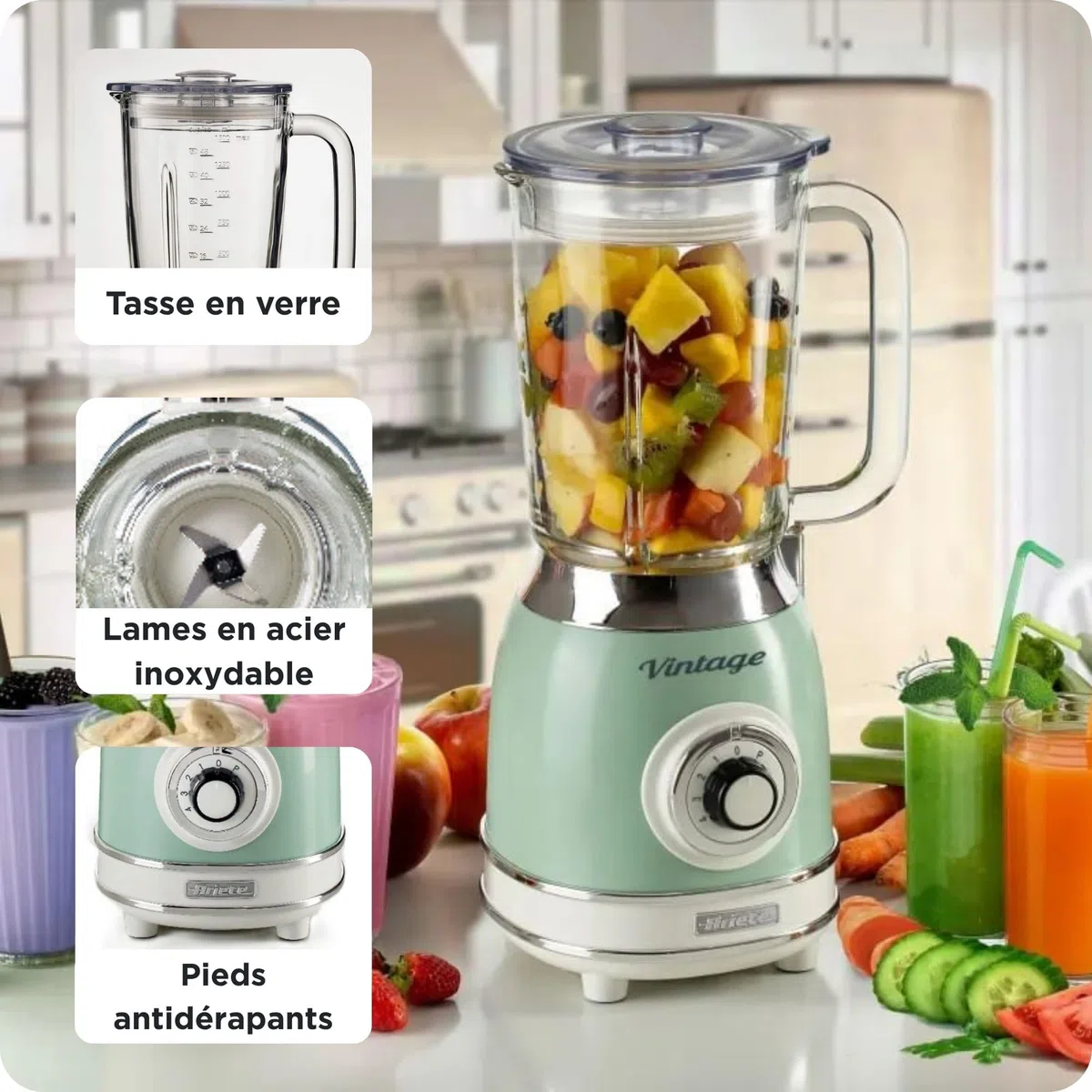 Ariete Mixeur en Verre Vintage 583, Blender Multifonctionnel avec 4 Lames, 4 Vitesses + Impulsion, Fonction Broyeur de Glace, Capacité de 1,5 Litre, 1000W, Vert