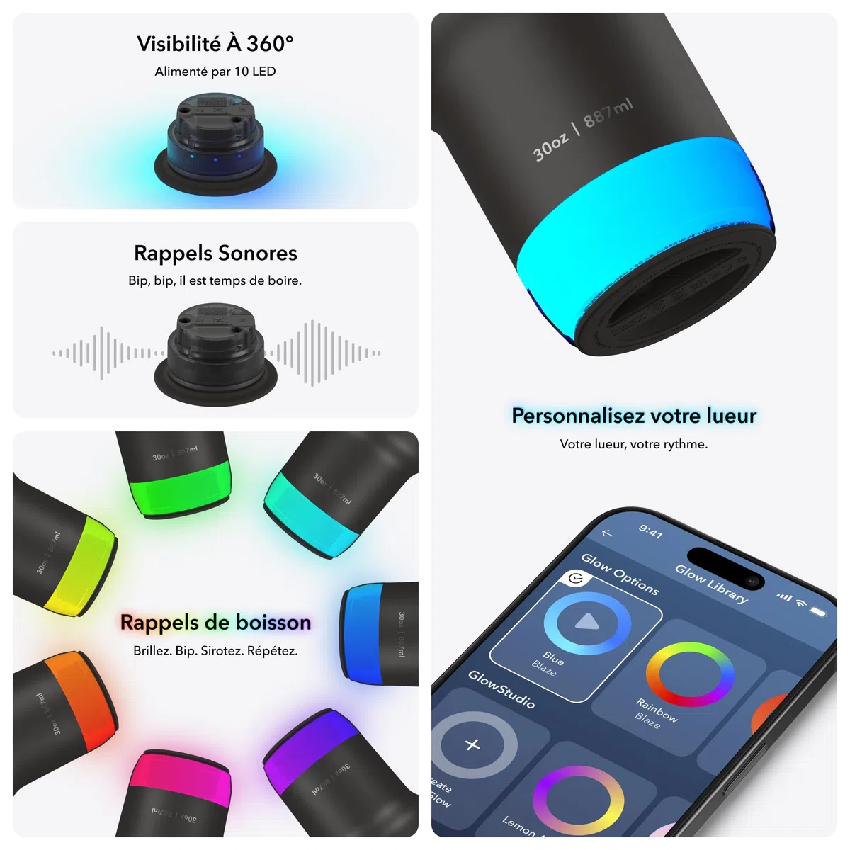 Hidrate Spark PRO 2 – Gobelet Intelligent avec Rappels de Boisson et Suivi D’hydratation, 887ml en Acier Inoxydable – Synchronisation avec Apple Health, Fitbit, Bagues et Montres Connectées - Noir