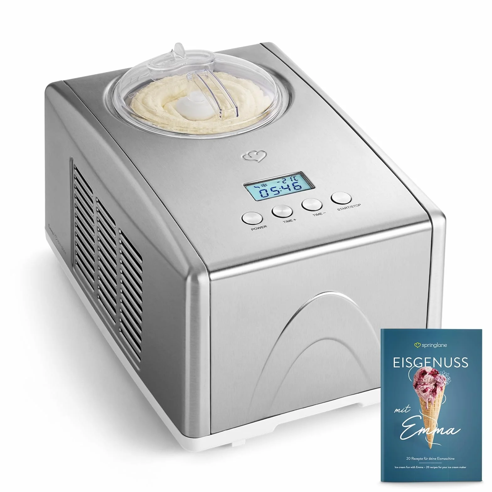 SPRINGLANE Sorbetière Emma 1,5 L avec compresseur auto-refroidissant 150 W, en acier inoxydable avec bac à glaçons amovible, avec livret de recettes (Argent)