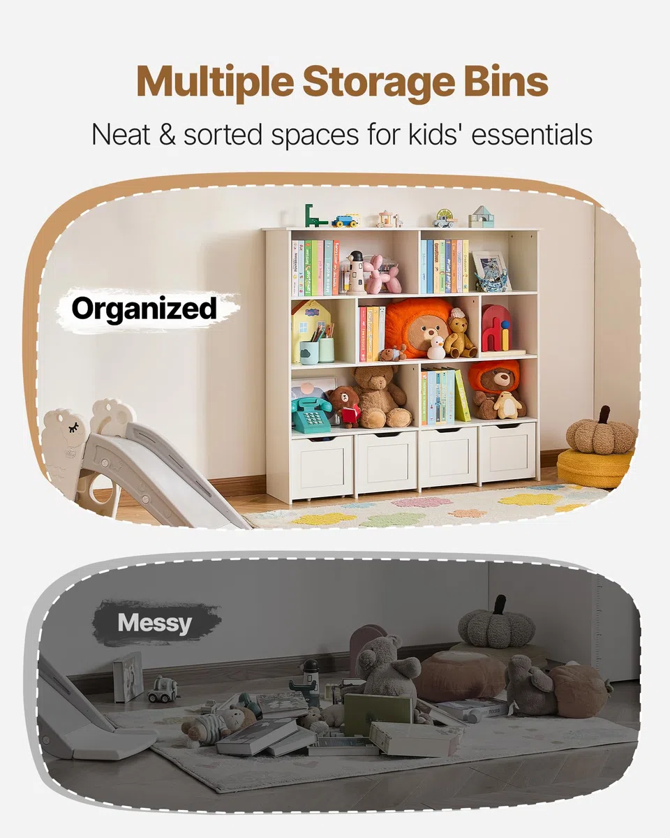 VEVOR Organisateur de Jouets en Bois, bibliothèque pour Enfants avec Rangement, Meuble de Rangement pour Jouets avec 4 tiroirs Mobiles, pour Chambre, crèche, Salon, entrée, école Maternelle, Blanc