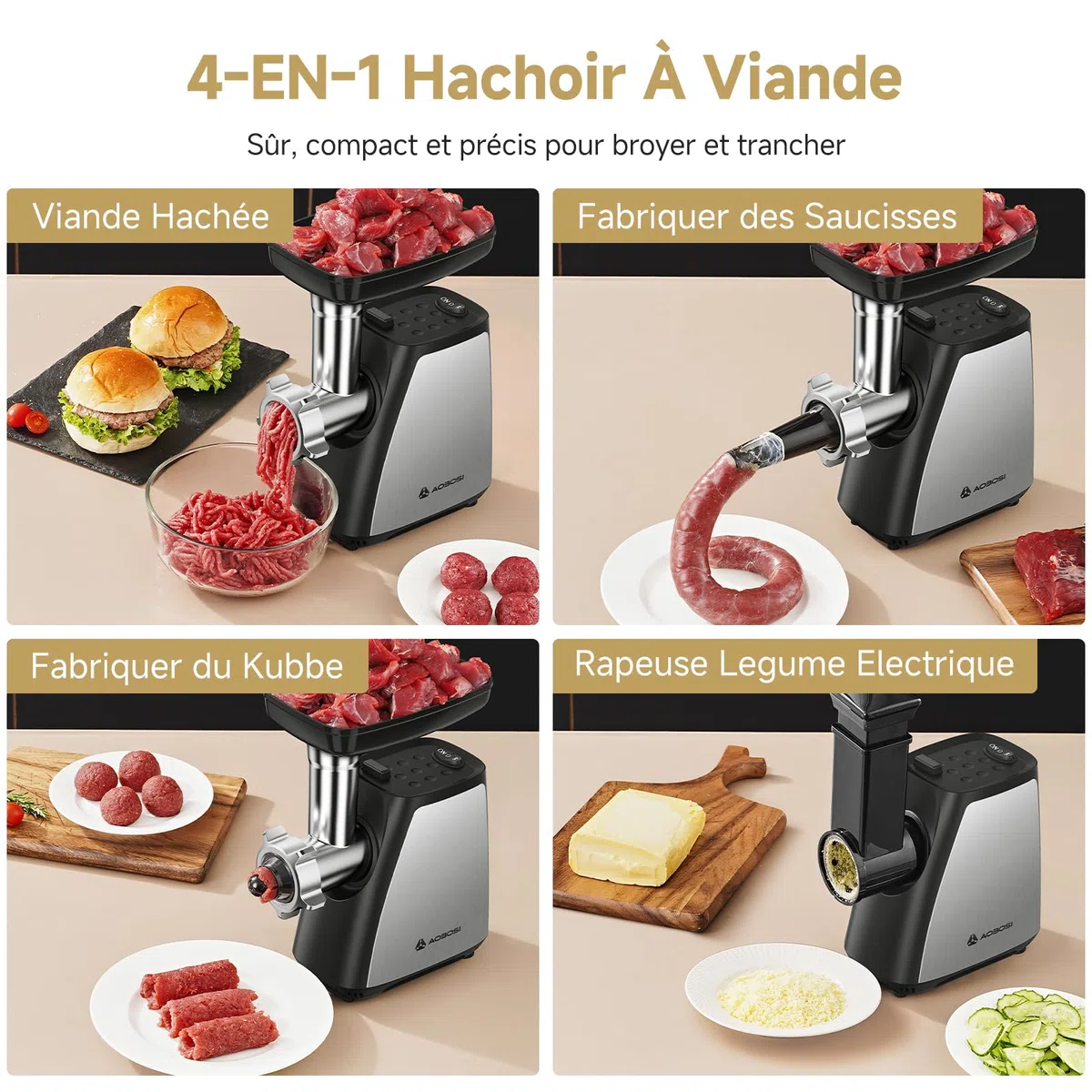 AAOBOSI Hachoir À Viande,Hachoir À Viande Électrique 4-En-1[2800 W Max]Avec 3 Lames Pour Trancher, Déchiqueter,2 Lames,3 Plaques,Farceuse À Saucisses,Kit Kubbe,Pour Cuisine À Domicile,Acier Inoxydable