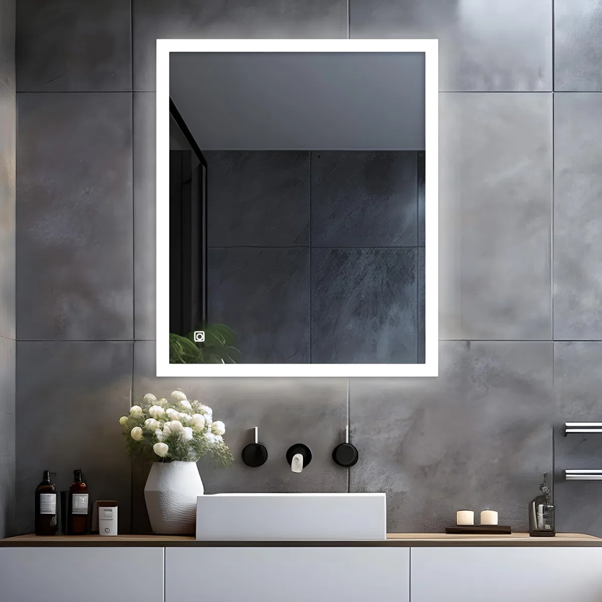 LISA Miroir de Salle de Bain LED 60 x 50 cm Grand Miroir Lumineux Salle de Bain avec éclairage 600 x 500 mm Miroir Mural avec Tactile - Blanc Froid - pour WC, Couloir - Rectangulaire