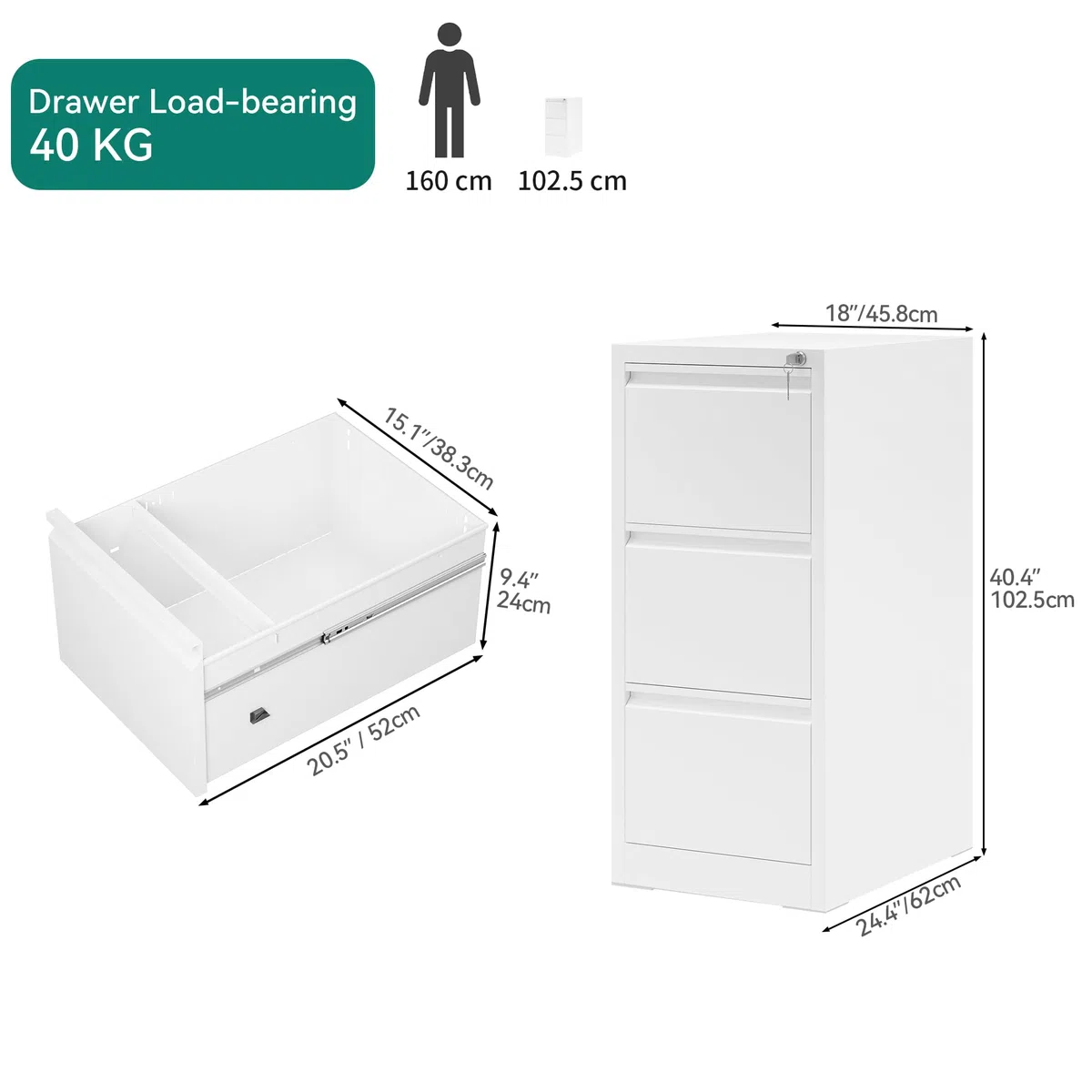 YITAHOME Armoire de classement avec 3 tiroirs verrouillables, armoire de classement à roulettes anti-basculement avec roulettes pour le bureau à la maison, meuble de classement sous pupitre, blanc, 62