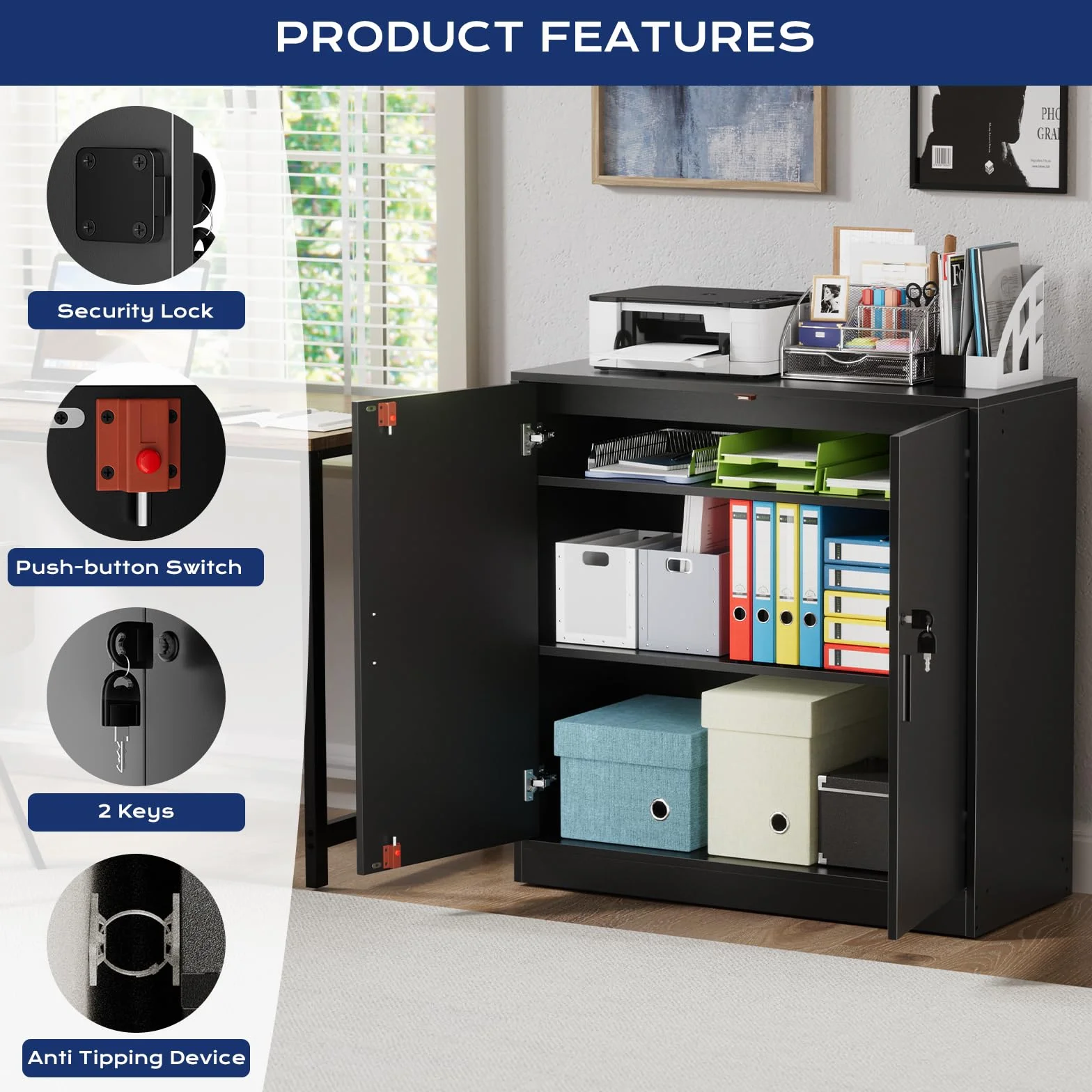 Armoire de Bureau, Meuble Rangement Bureau Fermant à clé, Armoire de Rangement pour Garage Salon Chambre Buffet Imprimante Papier Administratif avec 2 Porte, Placages Réglables, Noir