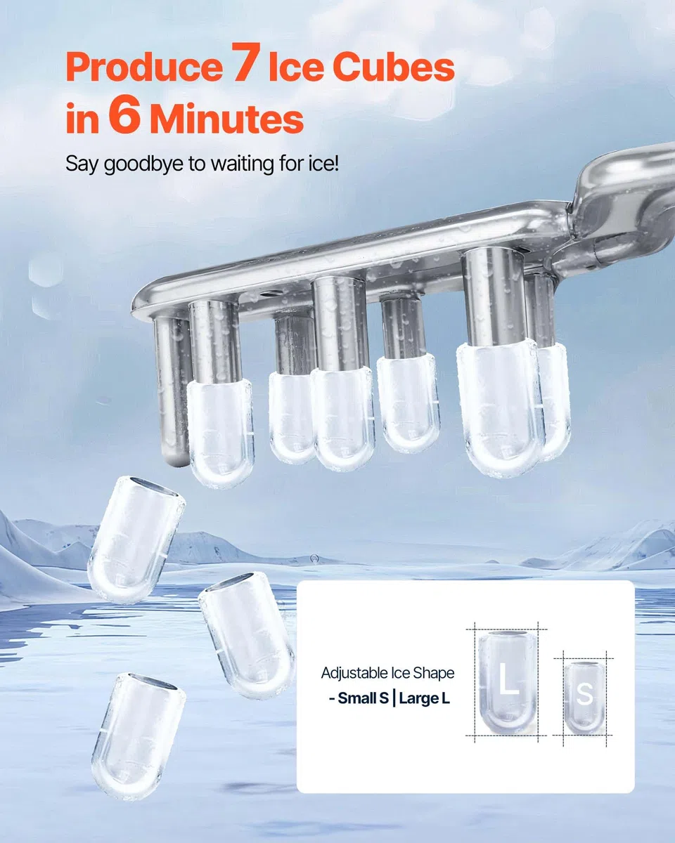 VEVOR Machine à Glaçons de Comptoir Portable, Appareil à Glaçons Capacité de Production 11,8 kg/24 h et 7 Cubes Prêts en 6 Minutes, pour Bar Bureau Cuisine Maison, Autonettoyant, avec Pelle à Glace
