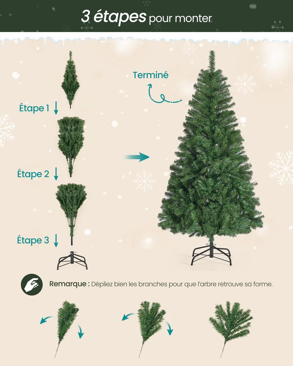 SONGMICS Sapin de Noël Artificiel, Sapin de 180 cm, Branches en PVC, avec Support en Métal, Montage Rapide, Vert LAT002CZ01