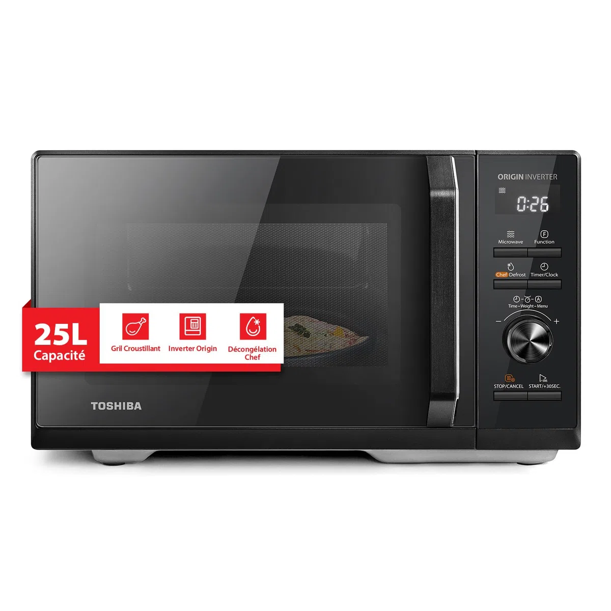 Toshiba Inverter Origin, MW3-AG25PFI(BK), Four Micro-ondes Combiné avec Gril 25L 900W, 3-en-1, 7 Menus Automatiques, Cussion Rapide, Grande Capacité, Décongélation Chef